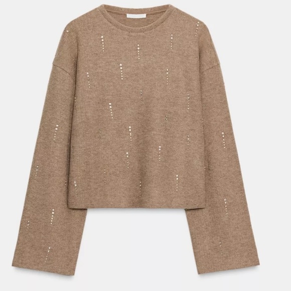 Zara Tops - Zara Embellished Taupe Cropped Sweater